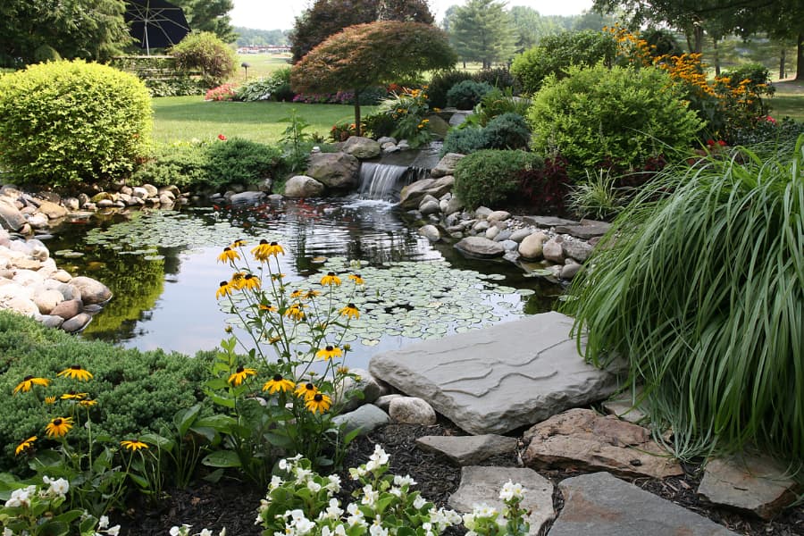 Big rocks surrounding a garden pond 