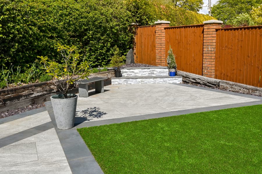 Backyard garden landscaped with porcelain paving